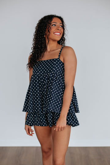 Navy Polka Romper